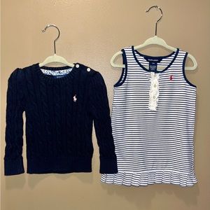 Ralph Lauren Baby Girl 18M-2T Navy Striped Dress and Cable Knit Sweater